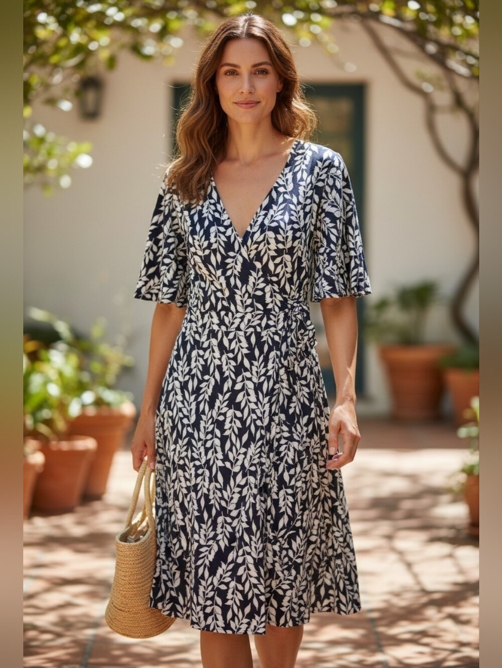 😎SALE😎 Jessica Howard Black White Leaf-Print Wrap Dress Flutter Sleeves Sz. 12